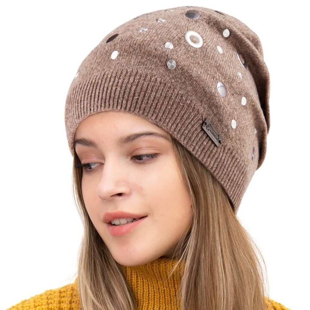 9811 Rivets and Eyelets Double Layers Wool Slouchy Beanies Knitted Hats